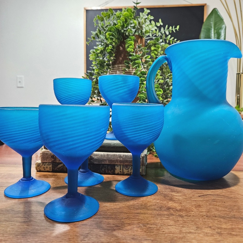 Vintage Blue Satin Glass Pitcher 6 Goblets Set Spiral Optic Frosted MCM 7 Pc